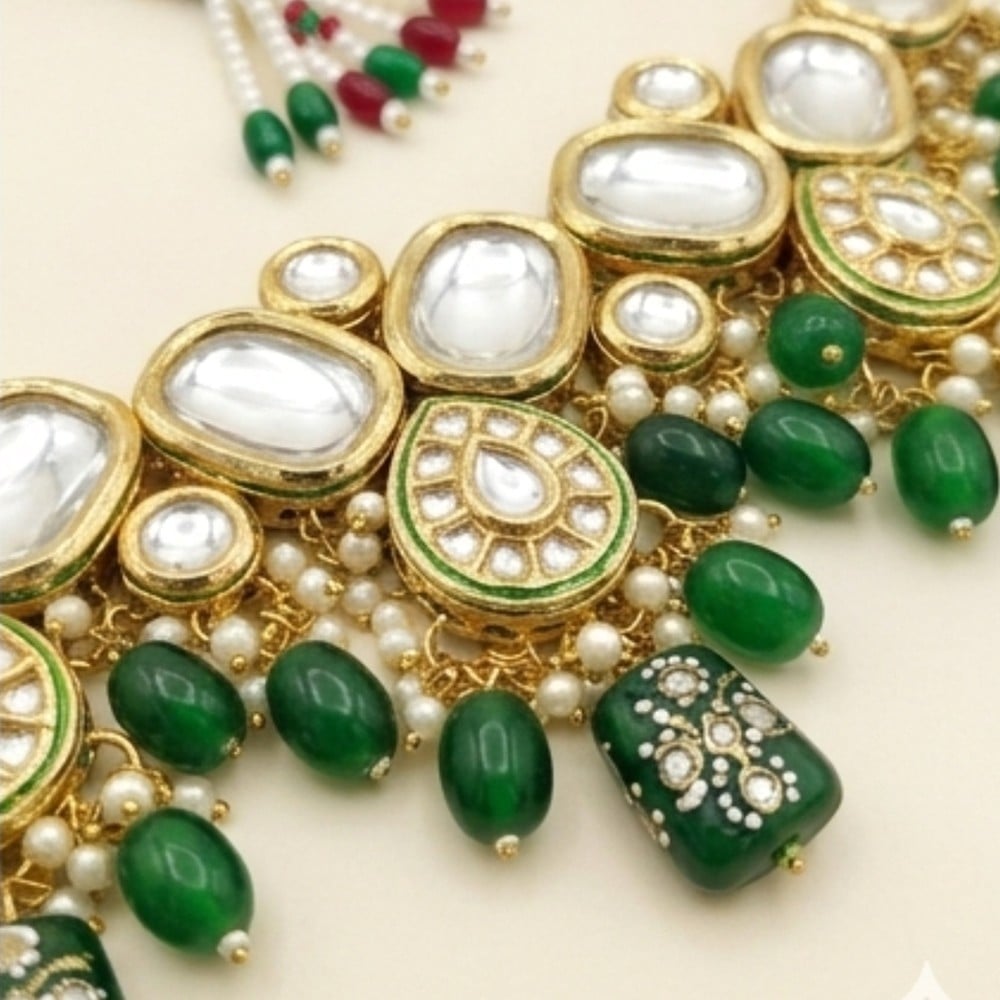 Handcrafted Emerald Green Kundan Statement Bridal Necklace Set